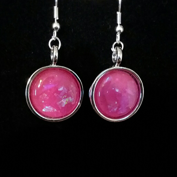 Jewelry - Hot pink faux opal silver dangle earrings